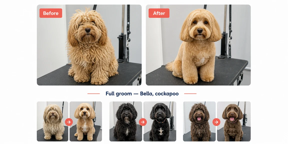 Example dog groomers website section: before and after grooming gallery