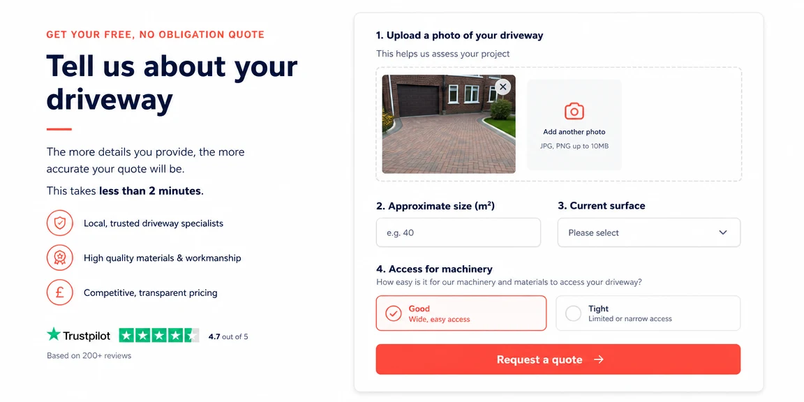 Example driveways & paving website section: photos, measurements and access notes captured