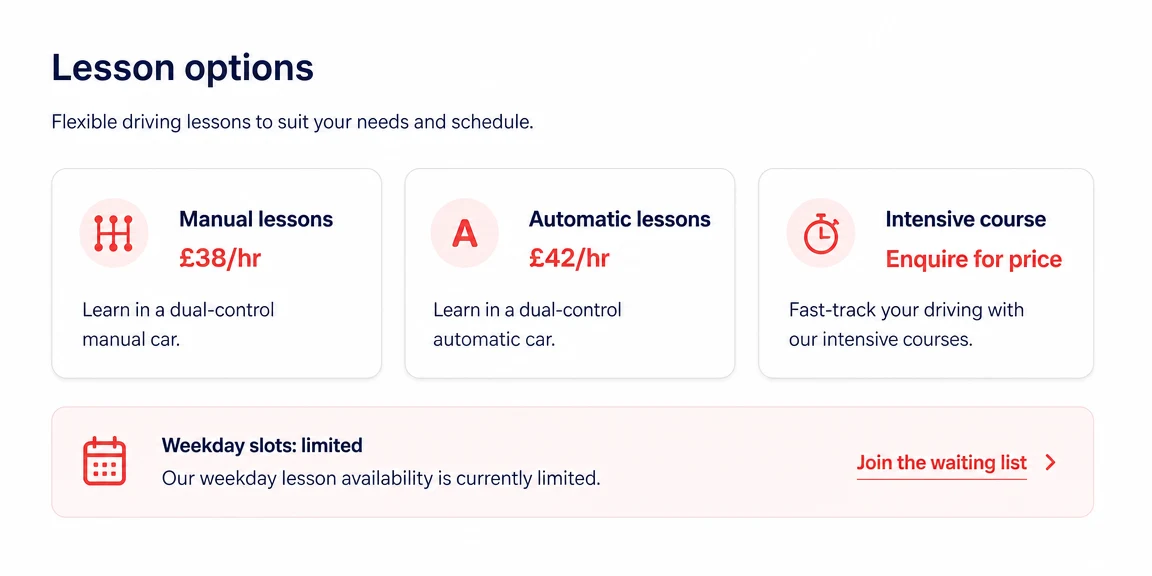 Example driving instructors website section: manual, automatic and waitlist clarity