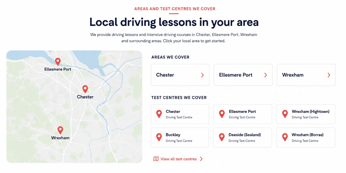 Example driving instructors website section: town and test-centre pages