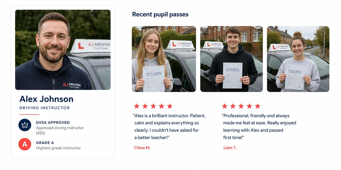 Example driving instructors website section: reviews, pass photos and instructor profile