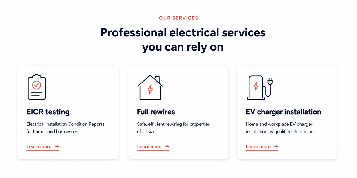 Example electricians website section: eicr, rewires and ev chargers separated
