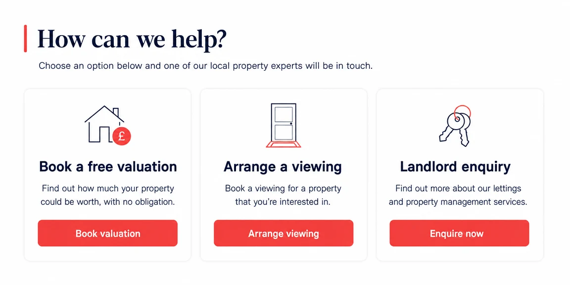 Example estate agents & property services website section: seller and landlord routes split cleanly