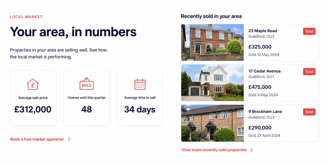 Example estate agents & property services website section: area authority on the page