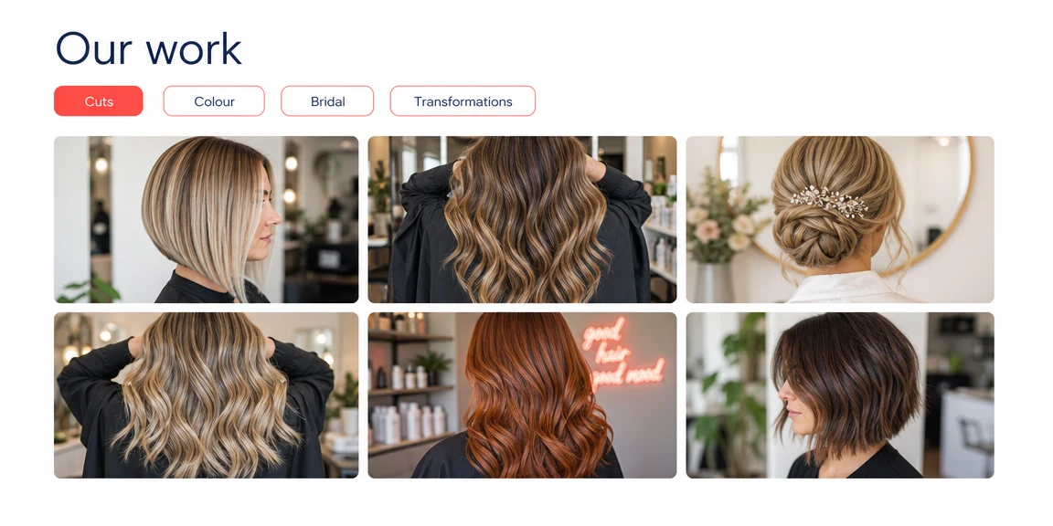 Example hairdressers website section: treatment galleries that sell the finish