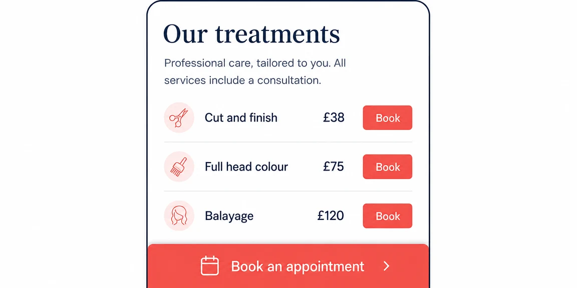 Example hairdressers website section: booking links where clients expect them