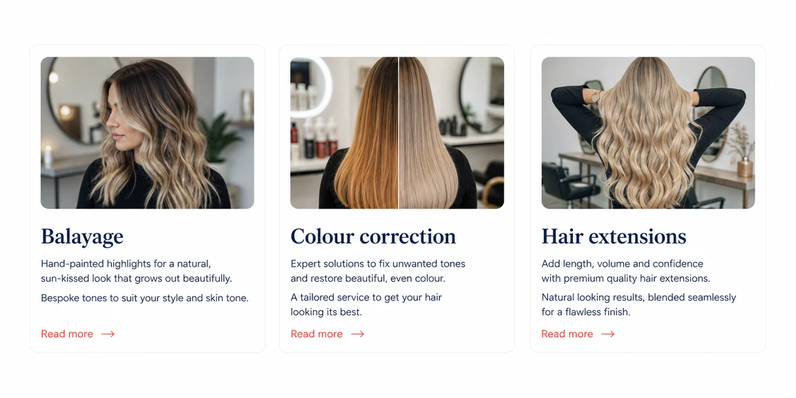 Example hairdressers website section: pages for balayage, colour and extensions