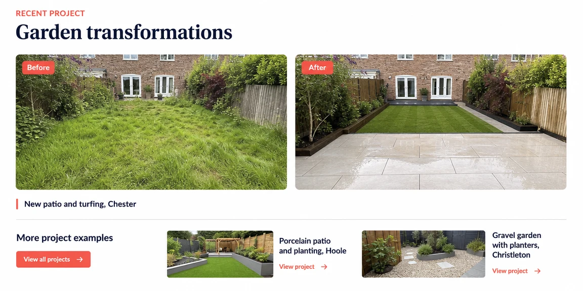 Example landscapers & gardeners website section: before and after garden transformations