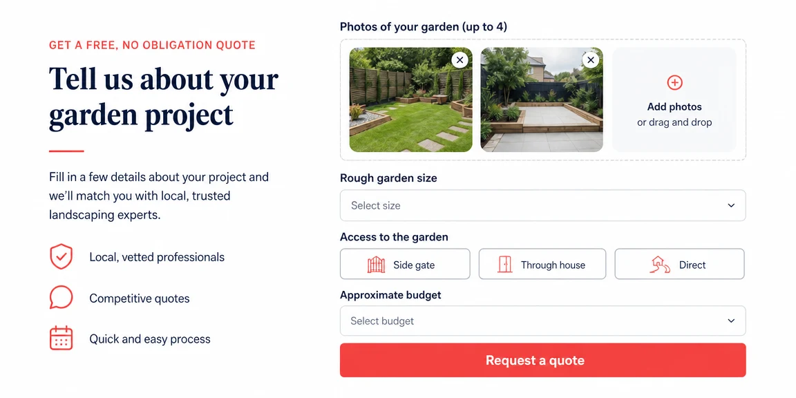 Example landscapers & gardeners website section: photos, access notes and budgets captured