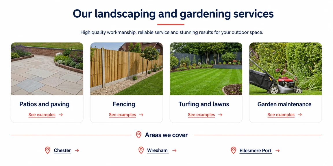 Example landscapers & gardeners website section: pages for patios, fencing and maintenance