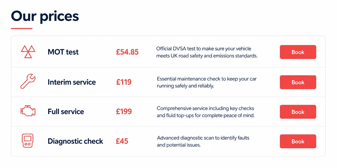 Example mechanics & garages website section: transparent mot and servicing matrix