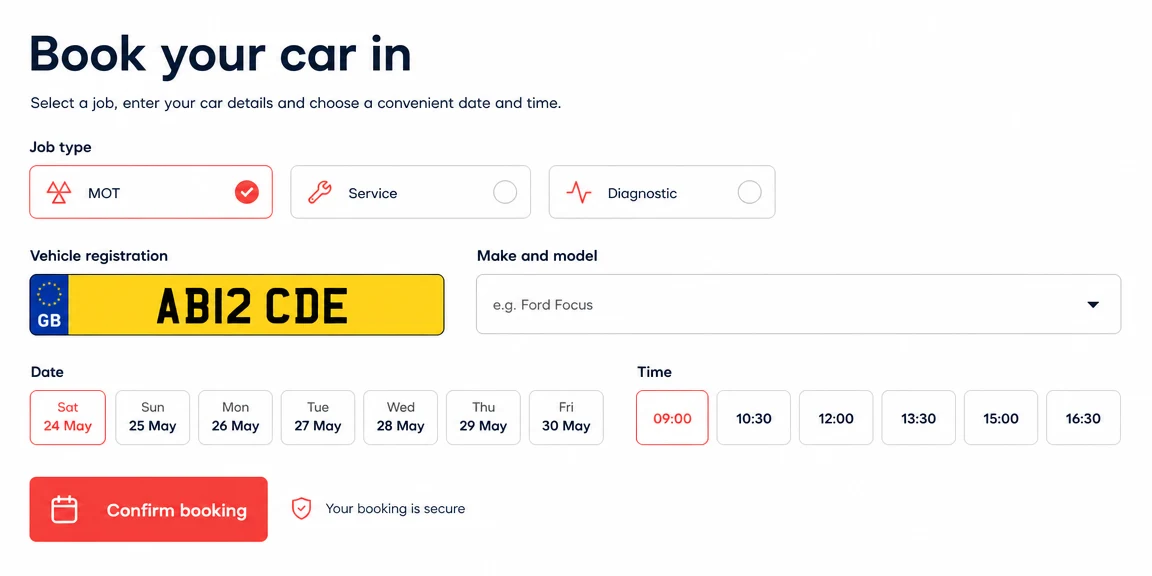 Example mechanics & garages website section: mot, diagnostic and service booking paths