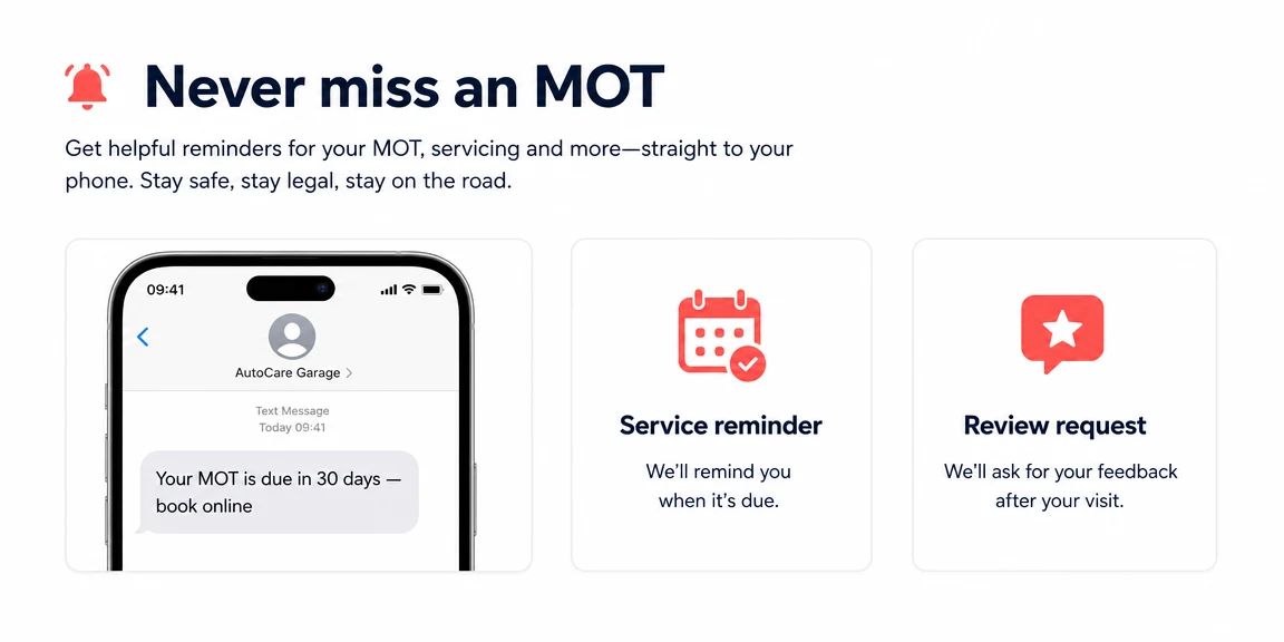 Example mechanics & garages website section: mot and service reminder workflows