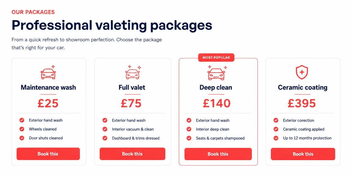 Example mobile valeters & detailers website section: valet and detailing packages compared clearly