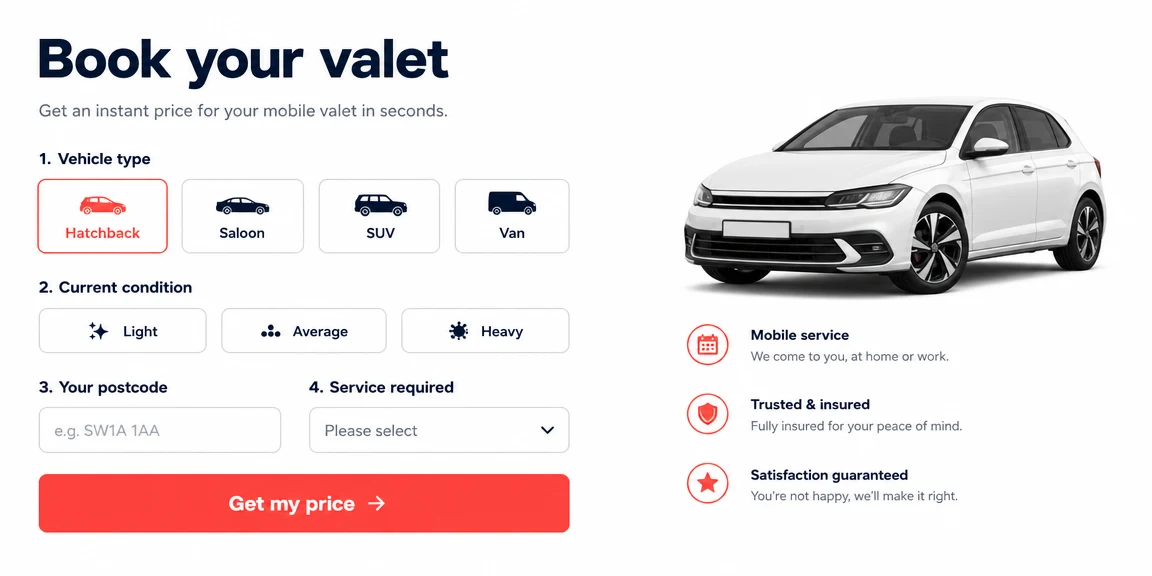 Example mobile valeters & detailers website section: vehicle, location and package captured