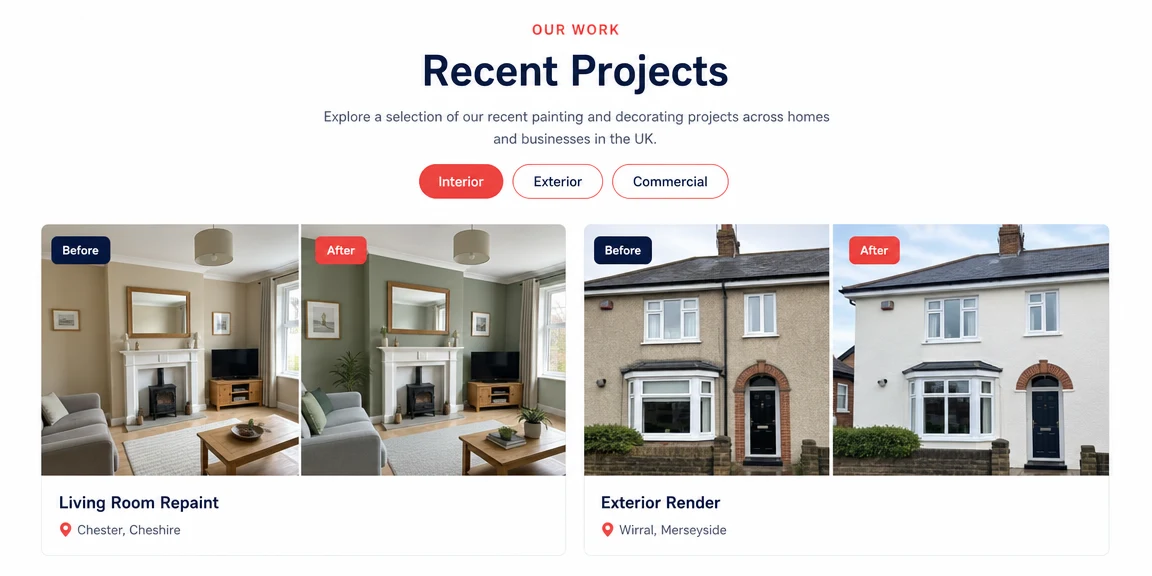 Example painters & decorators website section: before and after rooms that prove the standard