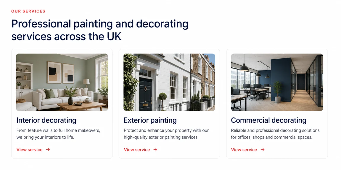 Example painters & decorators website section: pages for interiors, exteriors and commercial