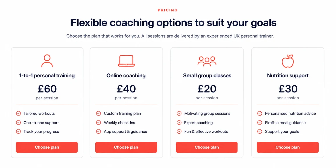 Example personal trainers website section: training options that feel easy to compare