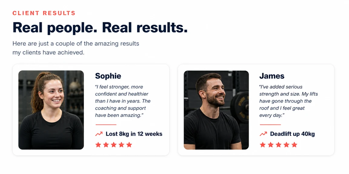 Example personal trainers website section: client wins organised responsibly