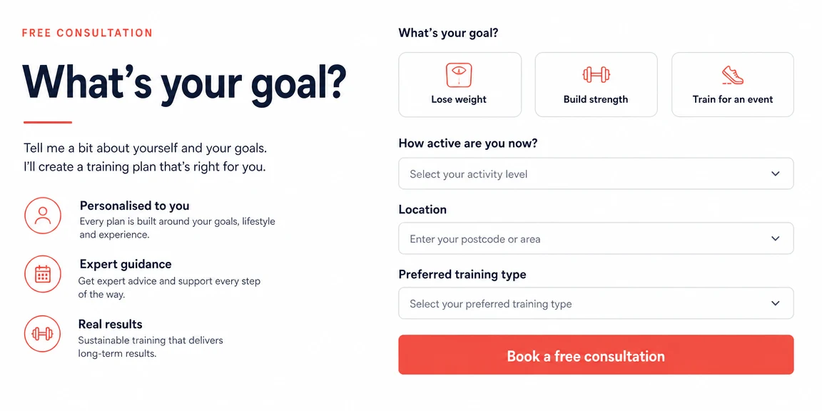 Example personal trainers website section: goal-led enquiry forms