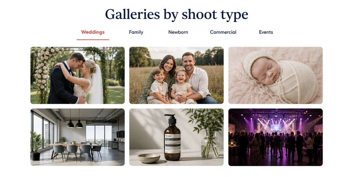 Example photographers website section: galleries arranged by shoot type