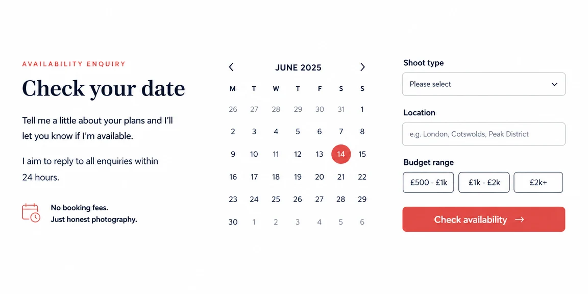 Example photographers website section: date and package enquiries