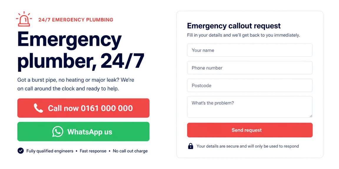 Example plumbers website section: emergency contact built into the page