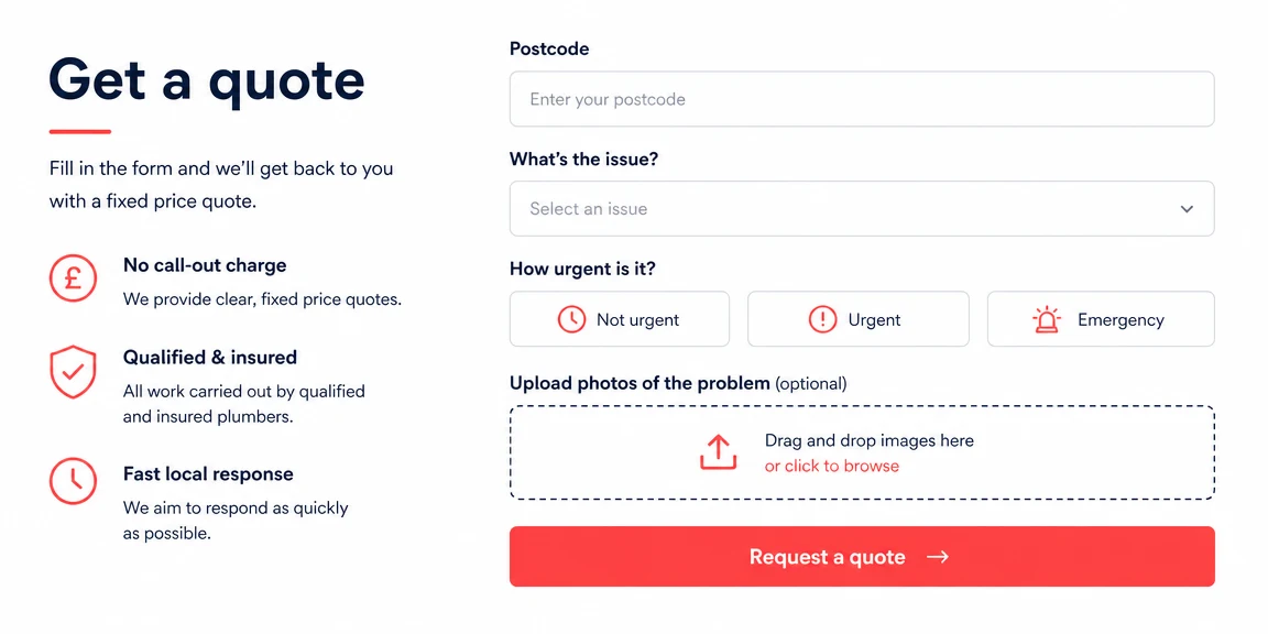 Example plumbers website section: forms that ask useful questions