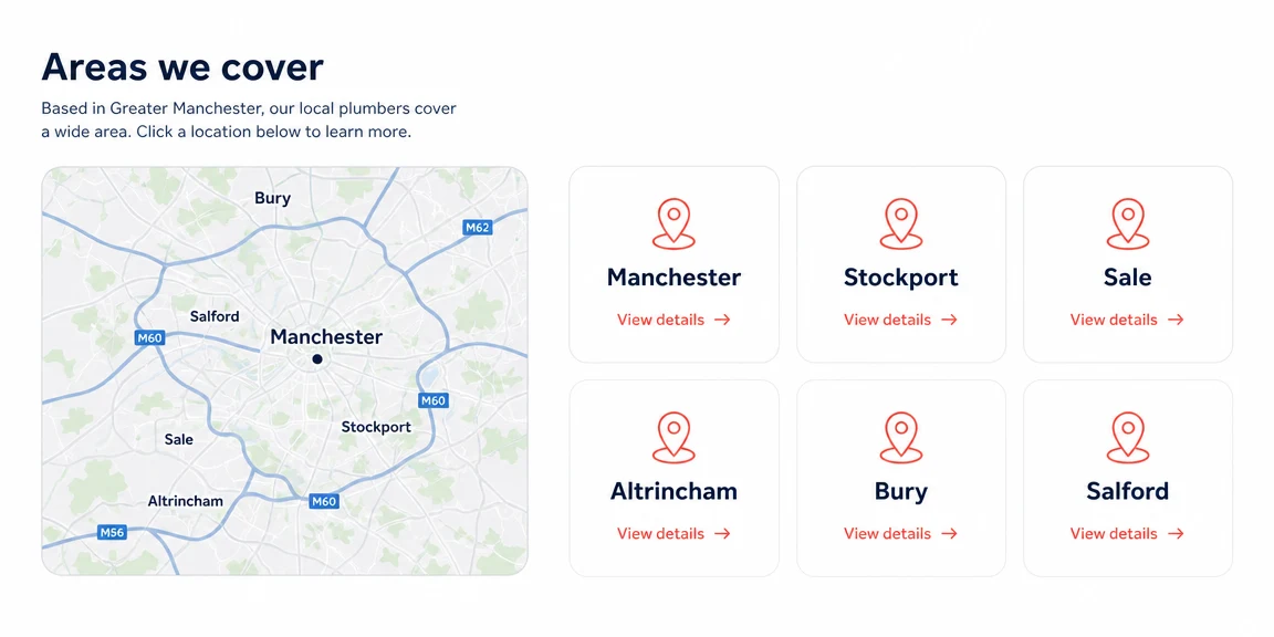 Example plumbers website section: town pages for the areas you want