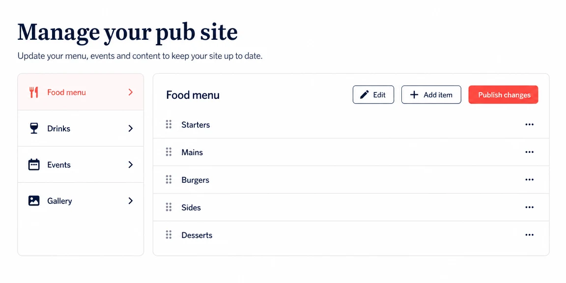 Example pubs website section: a login area for menus, events and galleries