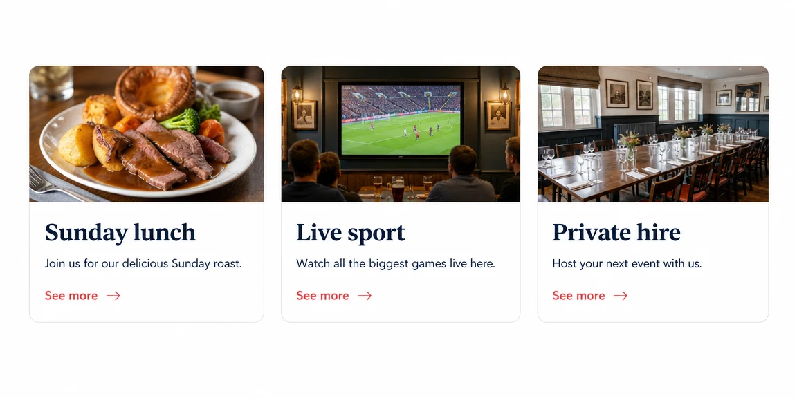 Example pubs website section: pages for sunday lunch, sport and private hire