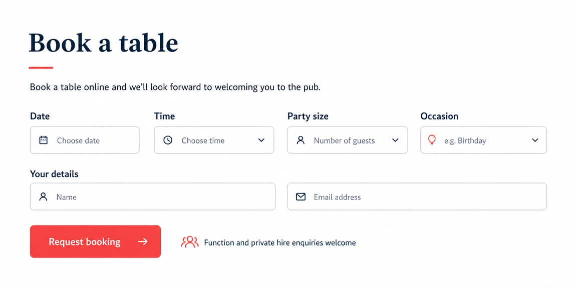 Example pubs website section: table and function enquiries with the right details