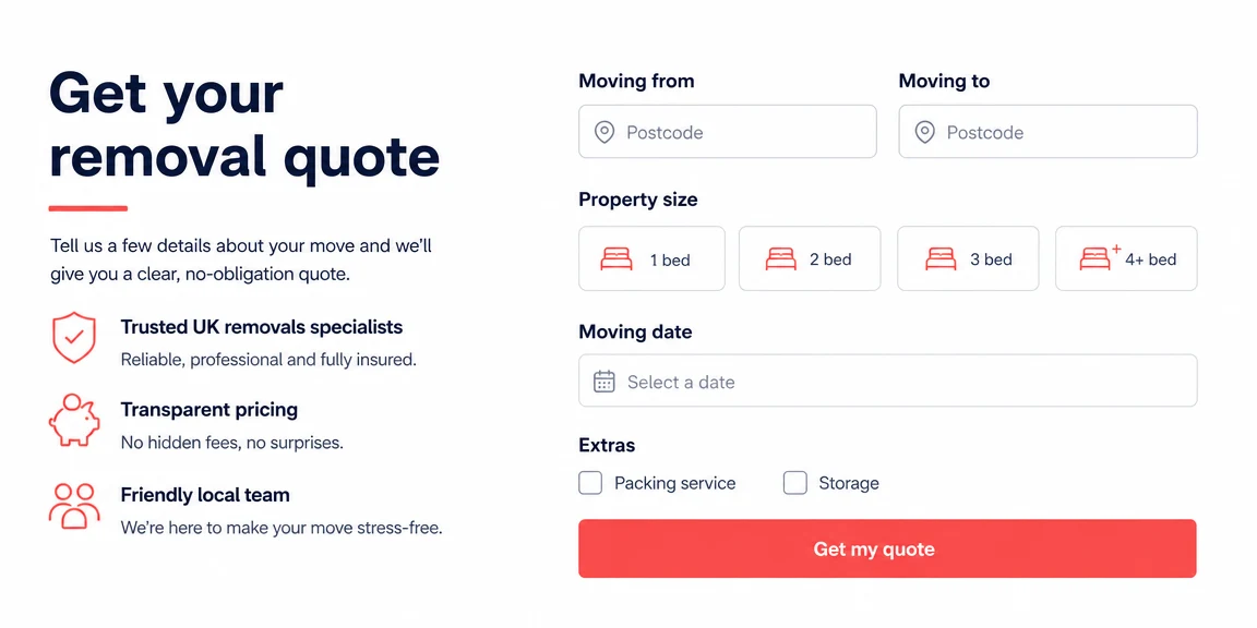 Example removal companies website section: from, to, date and property size captured
