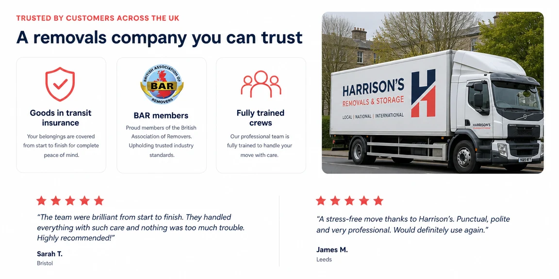 Example removal companies website section: insurance, vehicles and reviews made visible