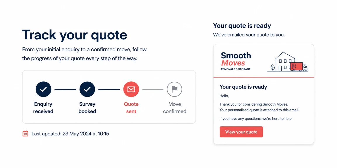 Example removal companies website section: quote tracking and reminders
