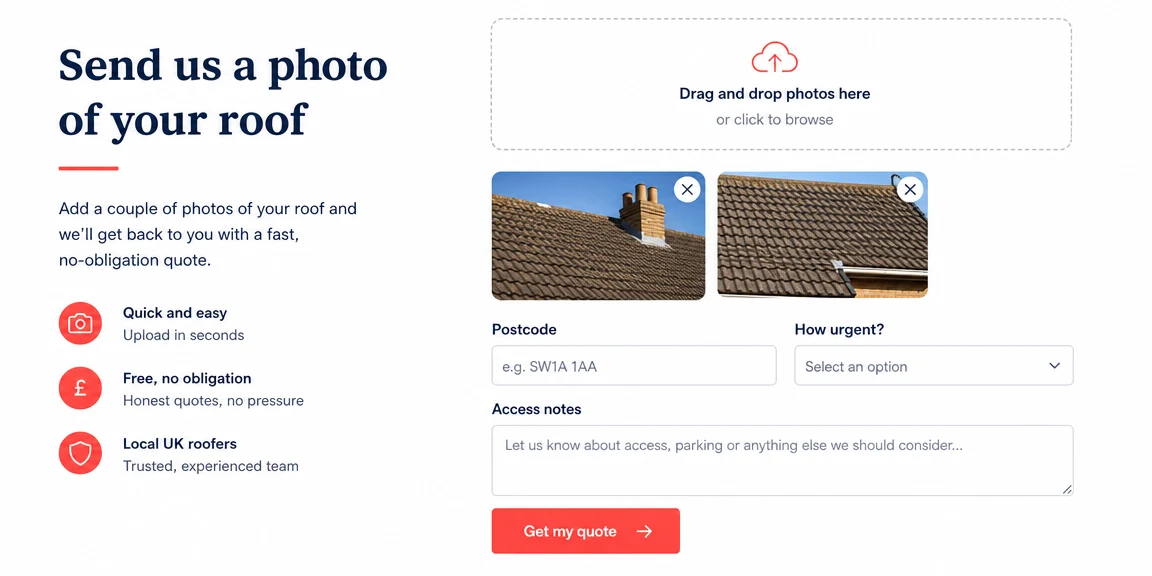 Example roofers website section: photo upload before the first visit