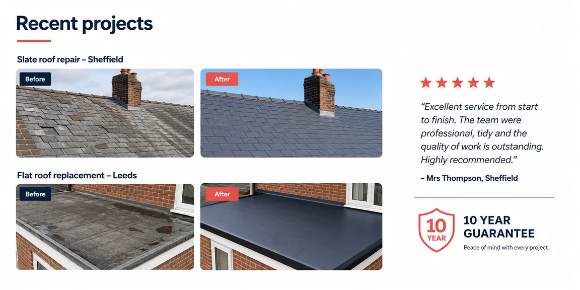 Example roofers website section: before and after project sections