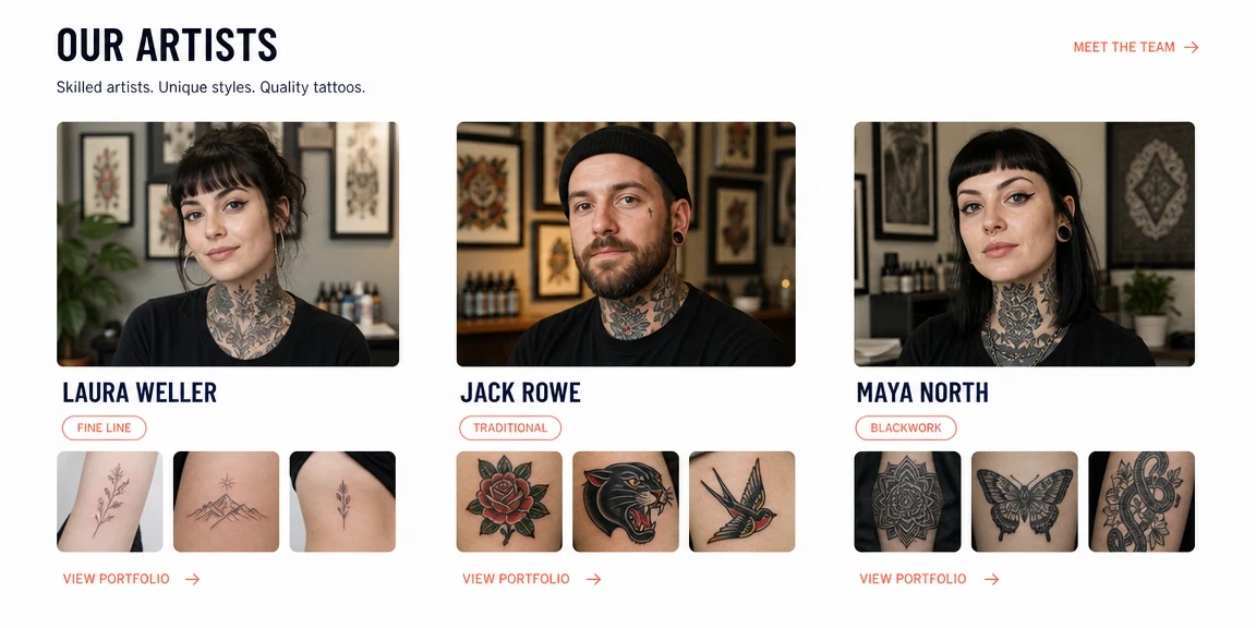 Example tattoo studios website section: artist portfolios with clear booking notes