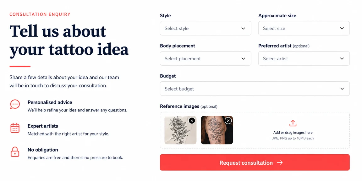 Example tattoo studios website section: reference images and placement captured