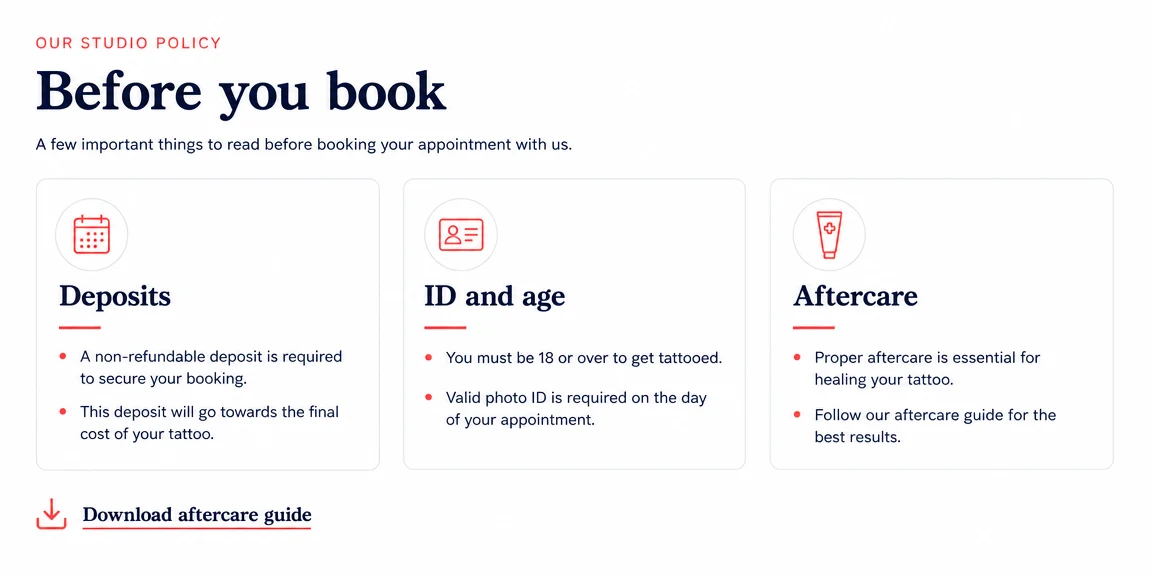 Example tattoo studios website section: deposits, id and aftercare made clear