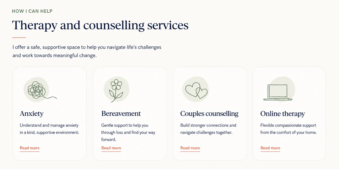 Example therapists website section: pages for the concerns you support
