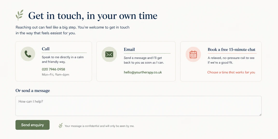 Example therapists website section: low-pressure contact options
