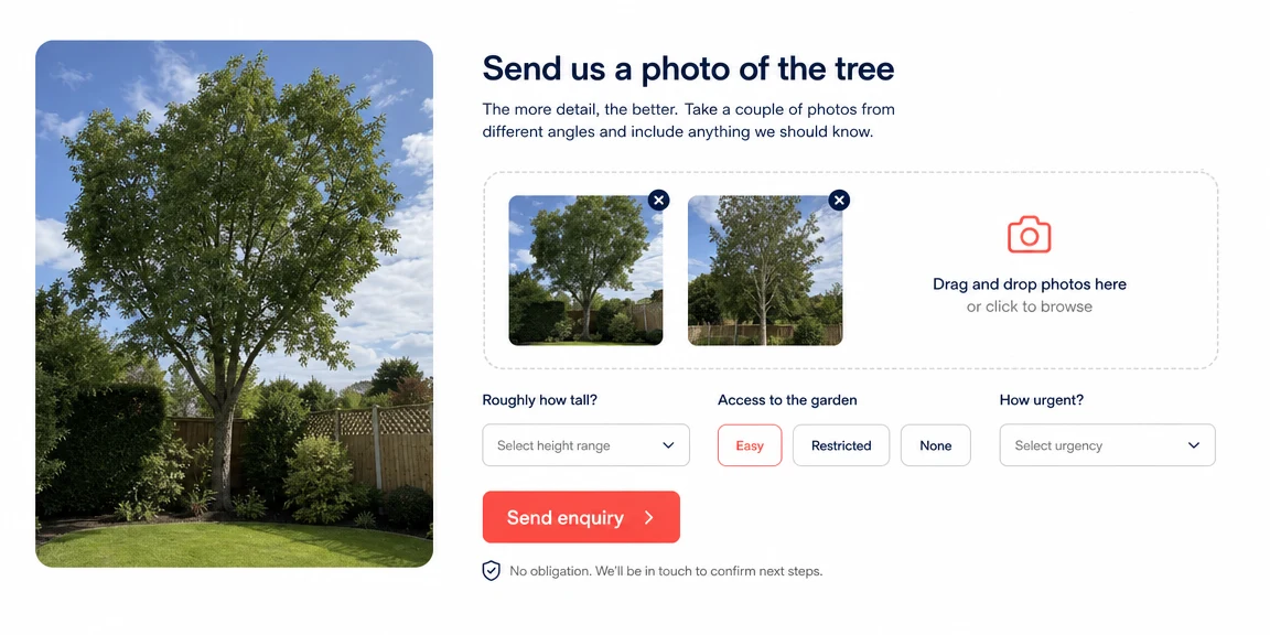 Example tree surgeons website section: photo-led quote requests