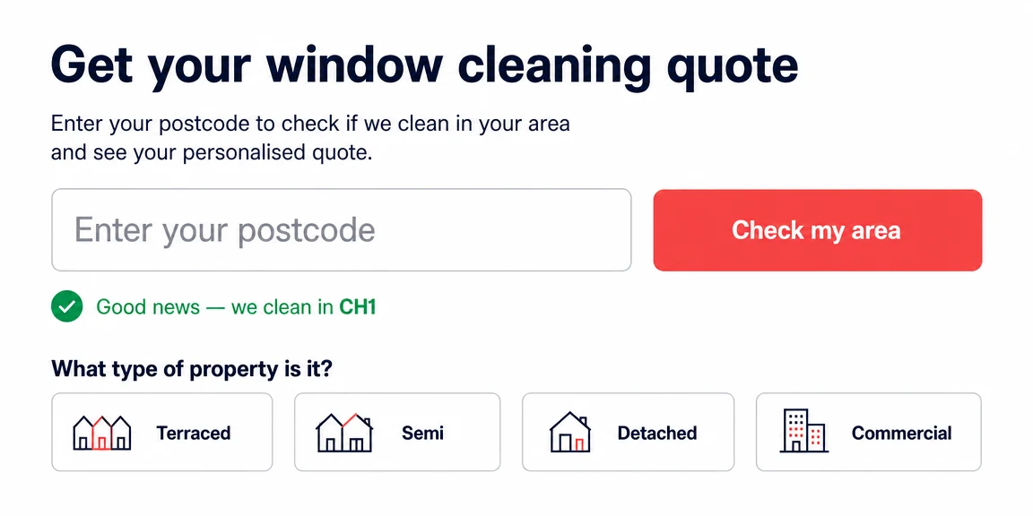 Example window cleaners website section: postcode-led quote forms