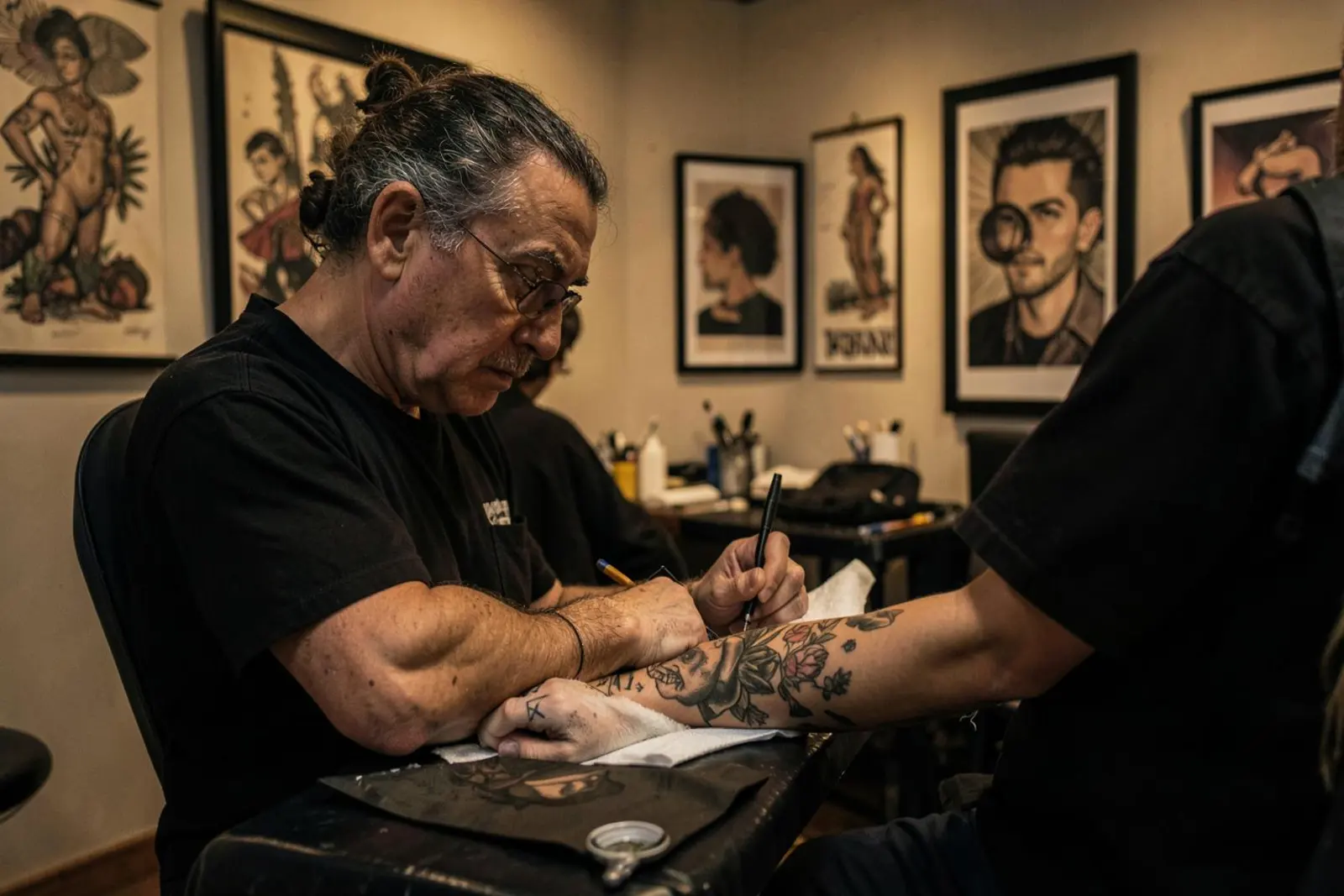 A tattoo artist working on a client's forearm in a studio