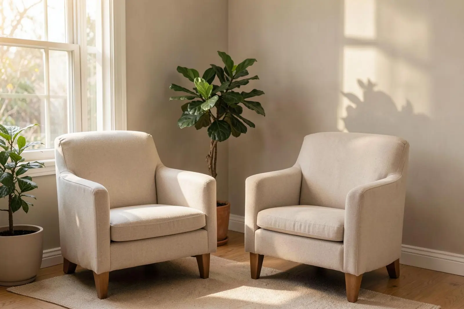 A calm therapy room with two armchairs and soft daylight