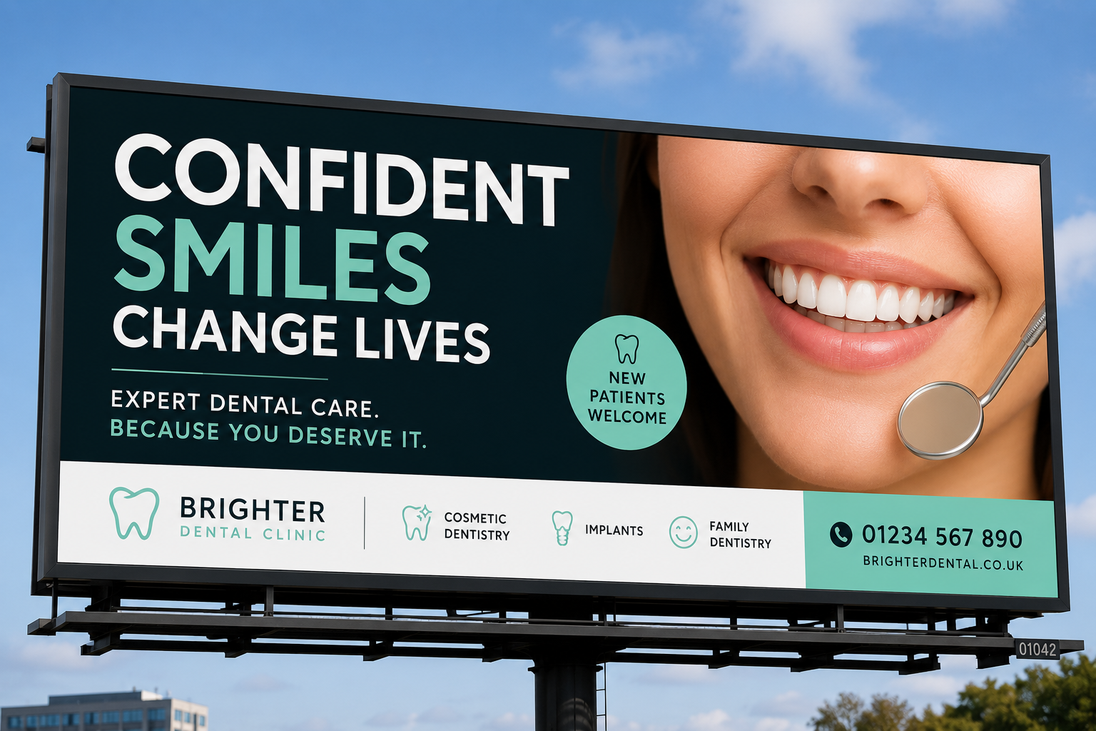 A dental clinic billboard ad example with a clear headline, service list and contact details.