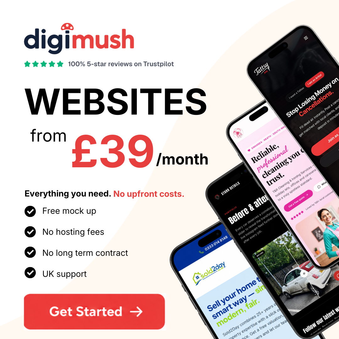 A Digimush start-up advert promoting websites from £39 per month