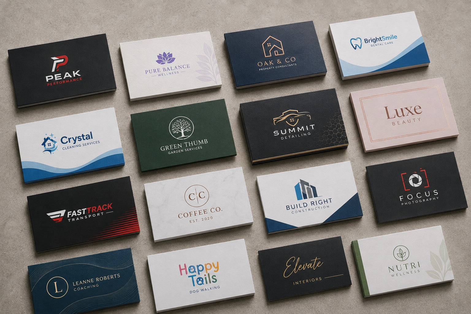 A collection of business card designs for dental care, property, transport, wellness, construction and local services.