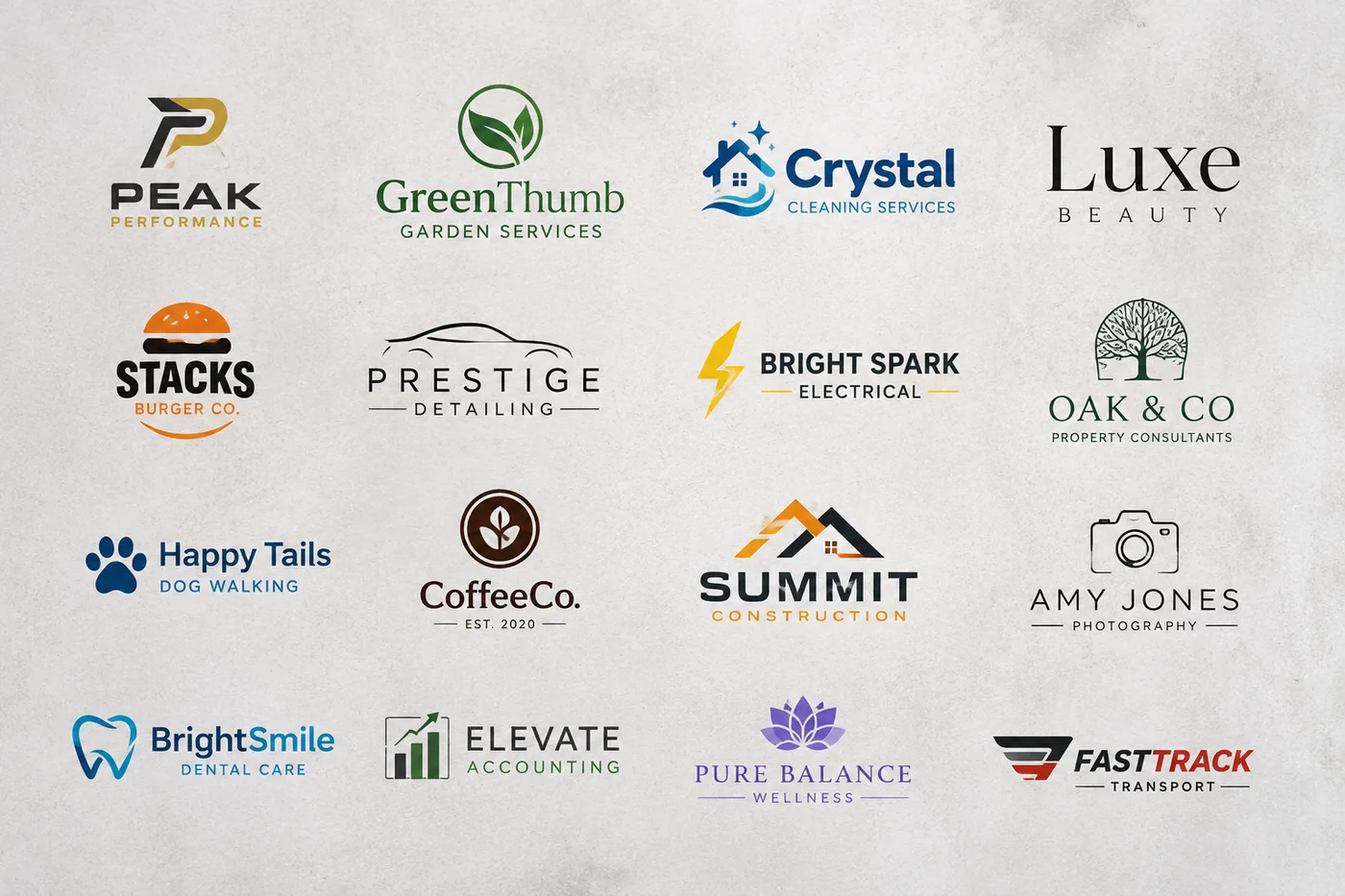 A board of example logo designs that can be carried through to business cards